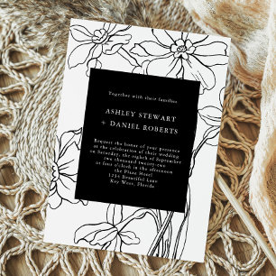 Modern Floral Botanical Black and White Wedding Invitation