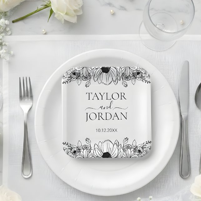 Modern Floral Botanical Border Wedding  Paper Plate (Creator Uploaded)