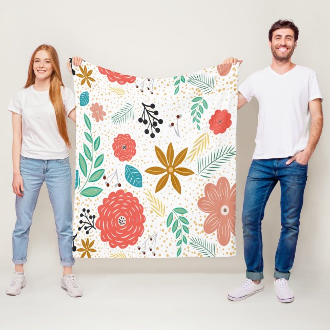 Modern Floral Botanical Pattern White Fleece Blanket (In Situ)