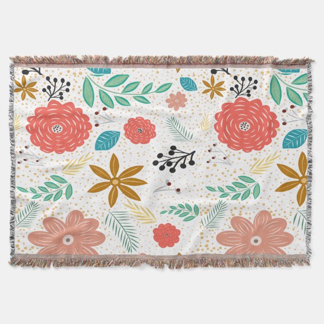 Modern Floral Botanical Pattern White Throw Blanket (Front)