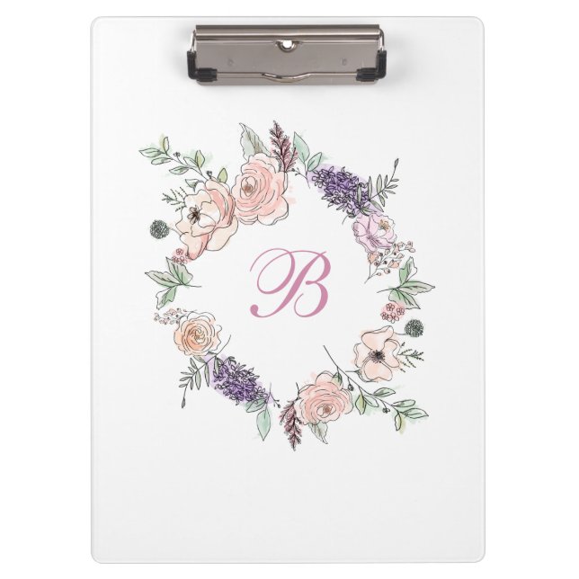 Modern Floral Botanical Watercolor Wreath Clipboard (Front)