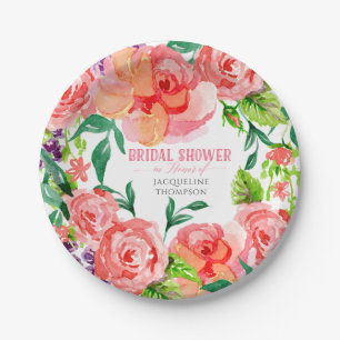 Modern Floral Bridal Shower Hot Pink Peach Coral Paper Plate