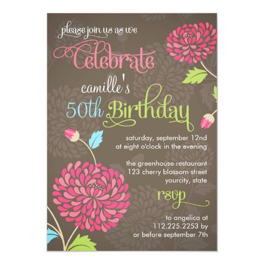 Modern Floral Brown & Pink Fancy Birthday Party Card