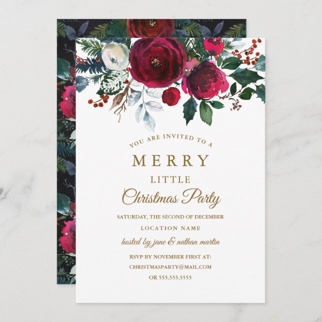 Modern Floral Burgundy Christmas Party Invitation (Front/Back)