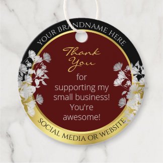 Modern Floral Burgundy & Gold with Silver Flowers Favour Tags
