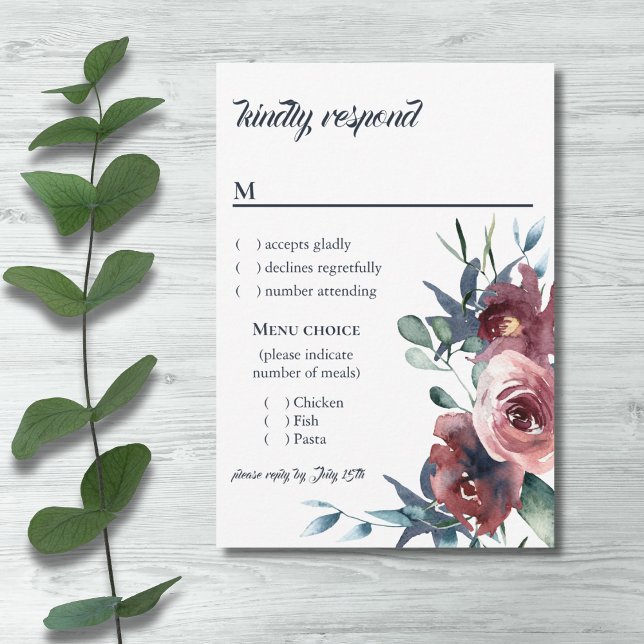 Modern Floral Burgundy Navy Peach Blush Menu RSVP (Creator Uploaded)
