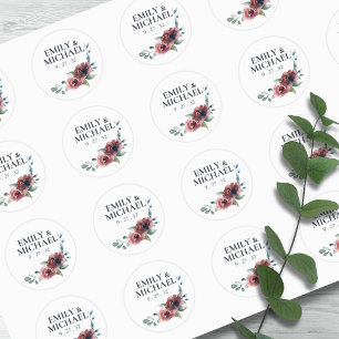 Modern Floral Burgundy Navy Peach Blush Names Classic Round Sticker