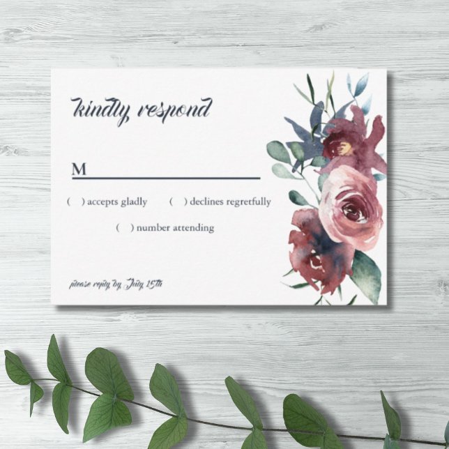 Modern Floral Burgundy Navy Peach Blush RSVP Card (Creator Uploaded)