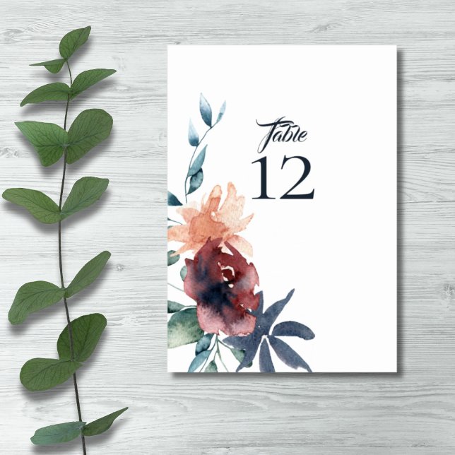 Modern Floral Burgundy Navy Peach Blush Table Number (Creator Uploaded)