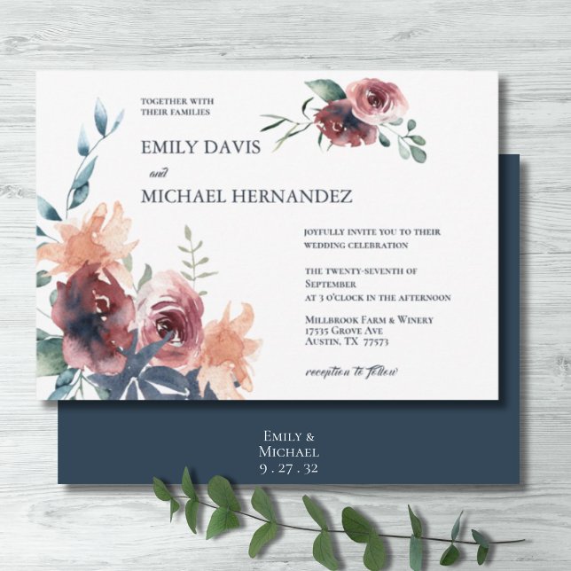 Modern Floral Burgundy Navy Peach Blush Wedding Invitation (Creator Uploaded)