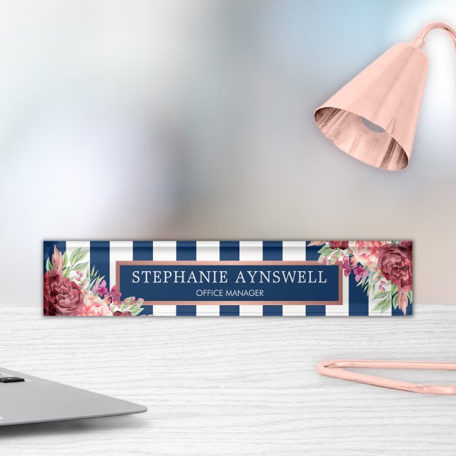 Modern Floral Burgundy Navy Stripes Watercolor Nameplate (Creator Uploaded)