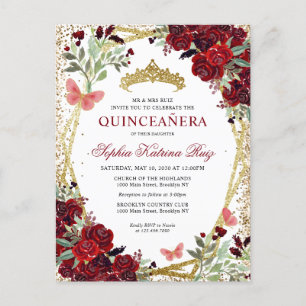 Modern Floral Burgundy Red Gold Tiara Quinceañera Postcard