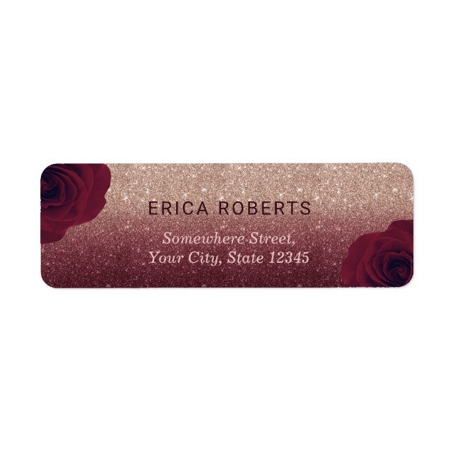Modern Floral Burgundy & Rose Gold Glitter Ombre Return Address Label (Front)