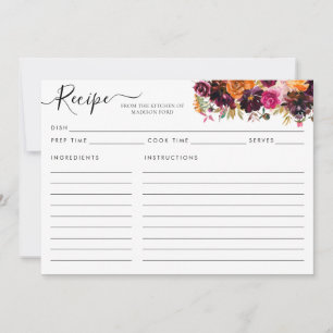 Modern Floral Burgundy Terracotta Pink Recipe Card