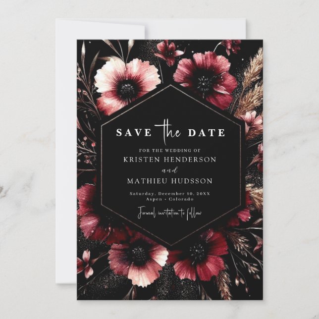 Modern Floral Burgundy Wedding Save The Date (Front)