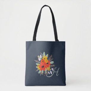 Modern Floral Burnt Orange Bouquet Monogram Blue Tote Bag