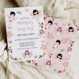 Modern Floral Butterfly Fairy First Birthday Invitation