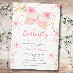 Modern Floral Butterfly Pink Gold Girl Baby Shower Invitation