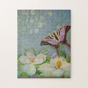 Modern Floral Butterfly w Magnolia Flower Blossom Jigsaw Puzzle