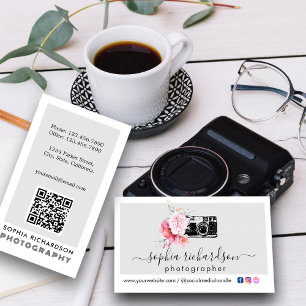 Modern Floral Camera QR Code Photographer  Business Card