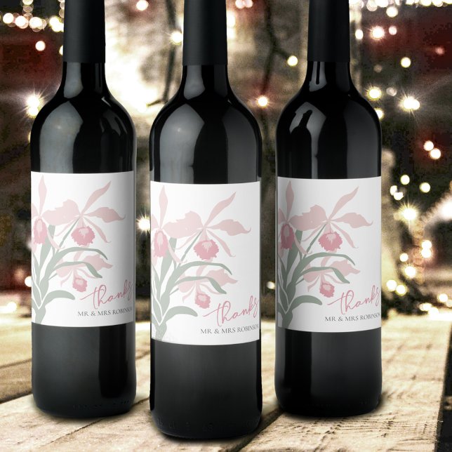 Modern floral Cattleya orchid dusty pink wedding Wine Label (Creator Uploaded)