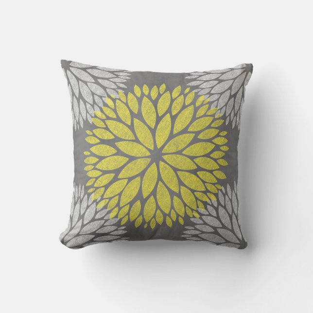 Modern Floral Chalkboard Yellow Grey Cushion (Front)