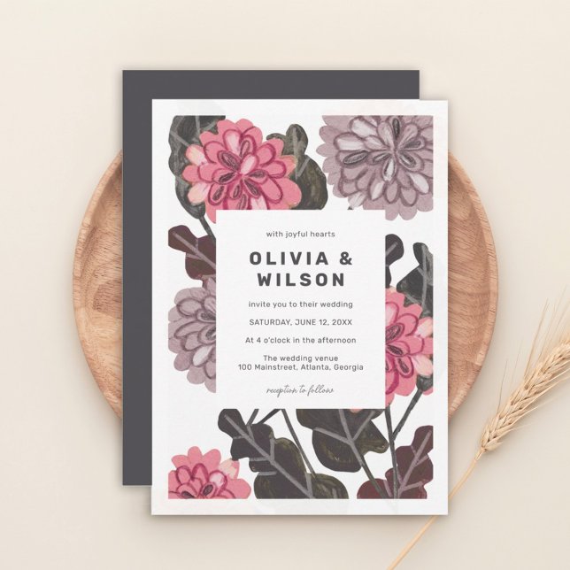 Modern floral charcoal grey mauve pink wedding invitation (Creator Uploaded)