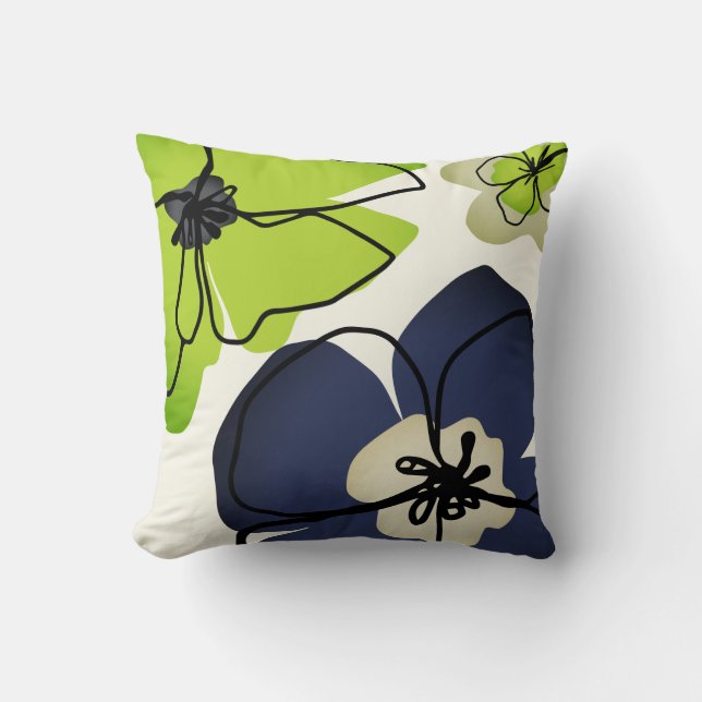 Modern Floral Chartreuse Navy Cream Flower Ivory Cushion (Front)