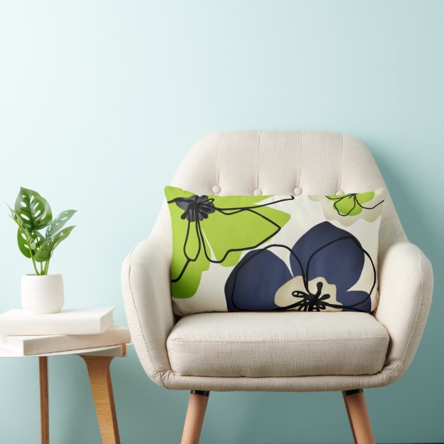Modern Floral Chartreuse Navy Cream Lumbar Cushion (Chair)