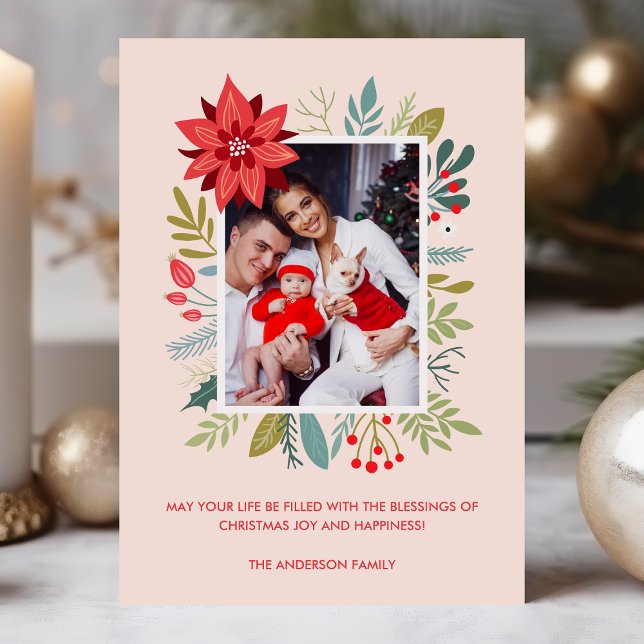 Modern Floral Christmas Blessings Photo Card (Creator Uploaded)