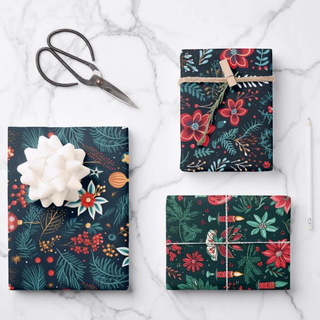 Modern Floral Christmas Xmas Wrapping Paper Sheet (Front)