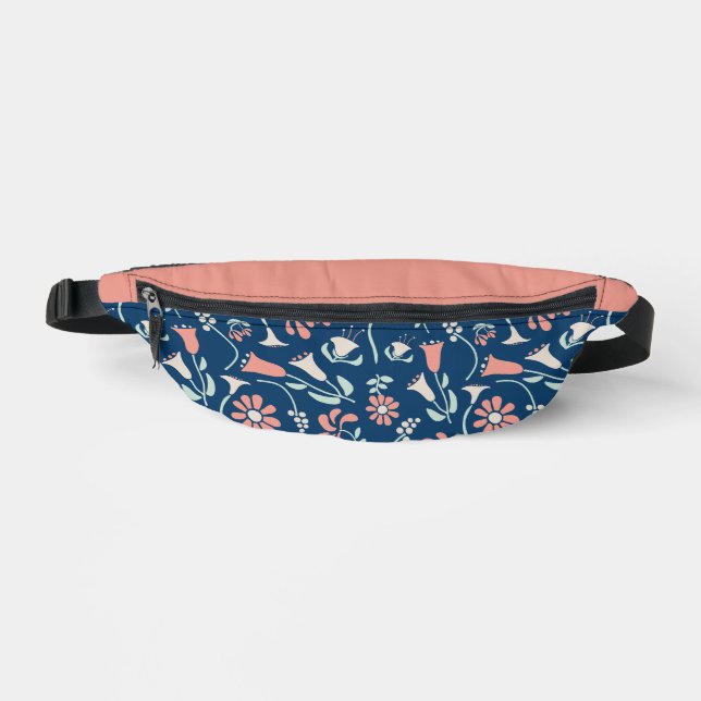 Modern Floral Coral, Navy, Mint Green Patterned Bum Bags (Front)