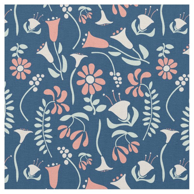 Modern Floral Coral, Navy, Mint Green Patterned Fabric (Close Up)