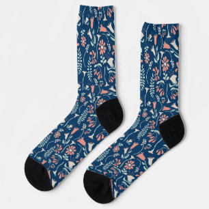Modern Floral Coral, Navy, Mint Green Patterned Socks
