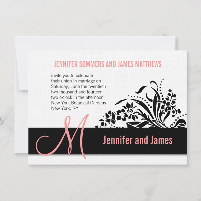 Modern Floral Coral Wedding Invitation Monogram (Front)