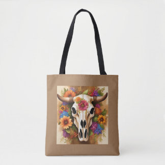 Modern Floral Cow Skull with Flowers Tote Bag