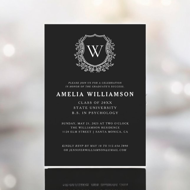 Modern Floral Crest Monogram Graduation Party Invitation (Creator Uploaded)