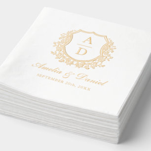 Modern Floral Crest Monogram Wedding Gold Foil Napkins
