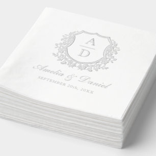 Modern Floral Crest Monogram Wedding Silver Foil Napkins