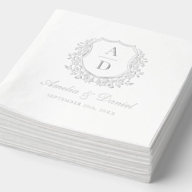 Modern Floral Crest Monogram Wedding Silver Foil Napkins (Detail)