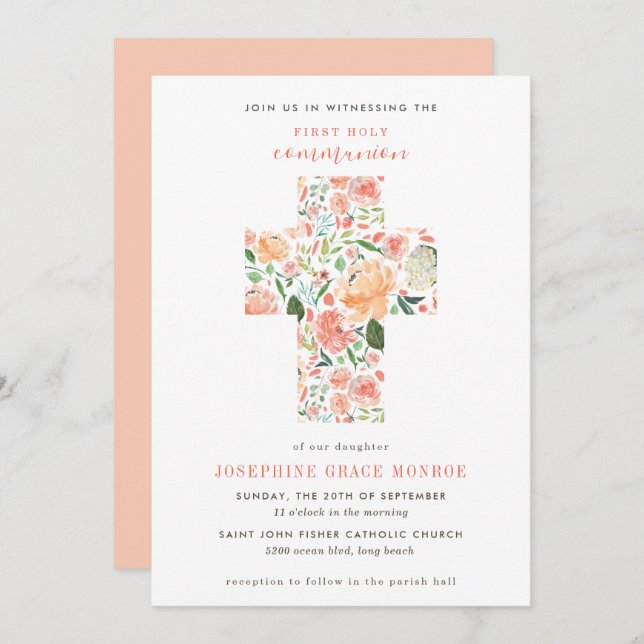 Modern Floral Cross Blush Peach First Communion Invitation (Front/Back)