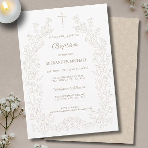 Modern Floral Cross Christian Baptism Invitation