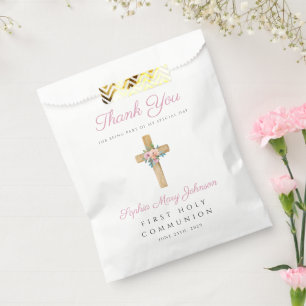 Modern Floral Cross Girl First Communion Favour Bag
