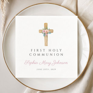 Modern Floral Cross Girl First Communion Napkin