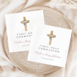 Modern Floral Cross Girl First Communion Napkin