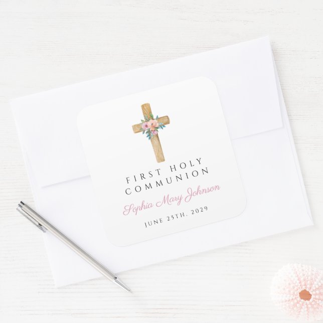Modern Floral Cross Girl First Communion  Square Sticker (Envelope)