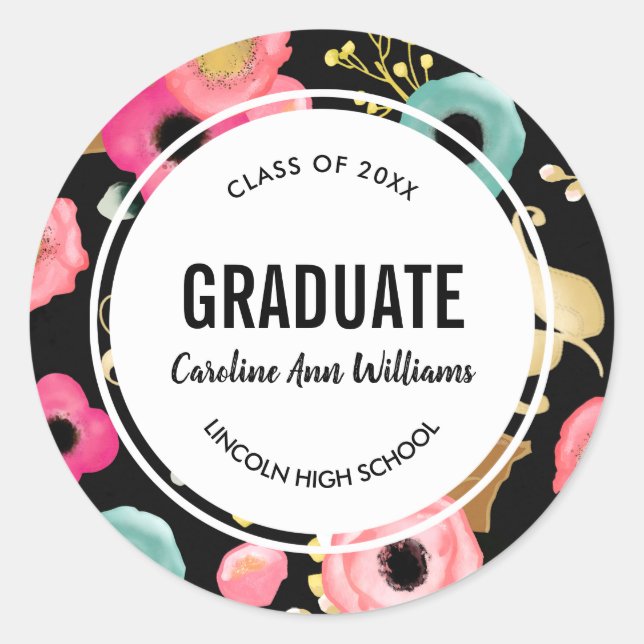 Modern Floral Custom Graduation  Classic Round Sticker (Front)