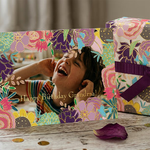 Modern Floral Custom Photo Happy Birthday Card