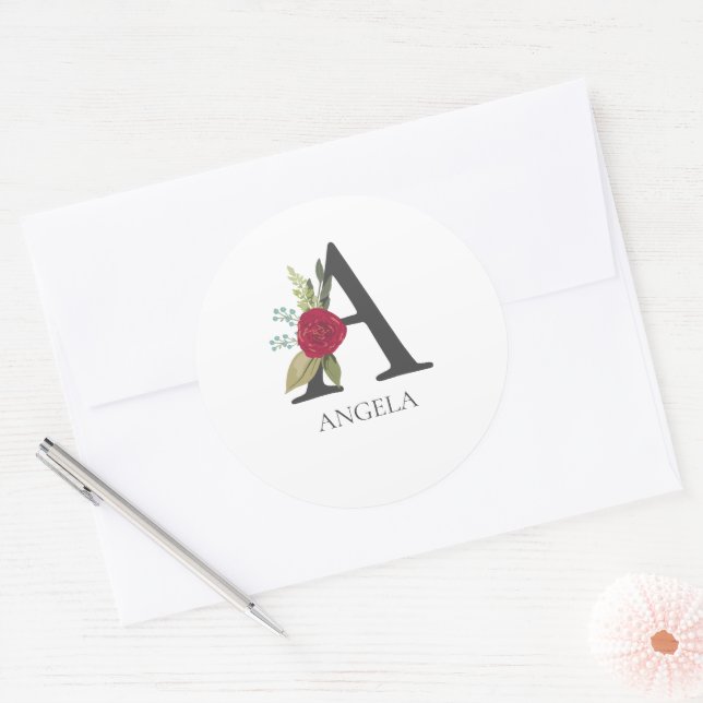 Modern Floral Customisable Monogrammed Letter A Classic Round Sticker (Envelope)
