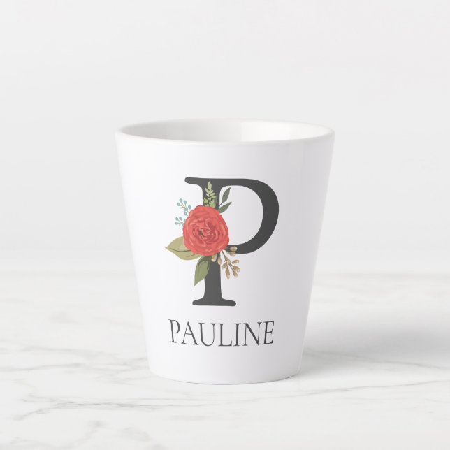 Modern Floral Customisable Monogrammed Letter P Latte Mug (Front)